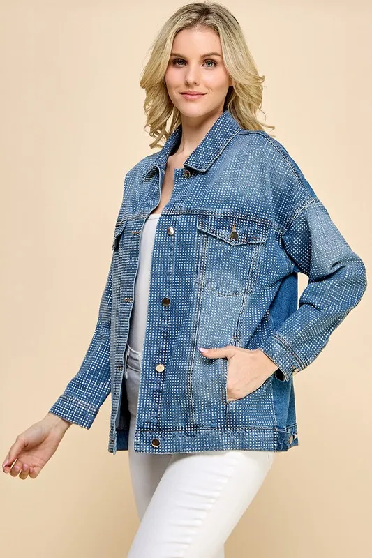 Women's Wash Denim Jacket With Button And Rhinestone Decoration Loose Fit Autumn/winter Vintage Style For Casual Wear