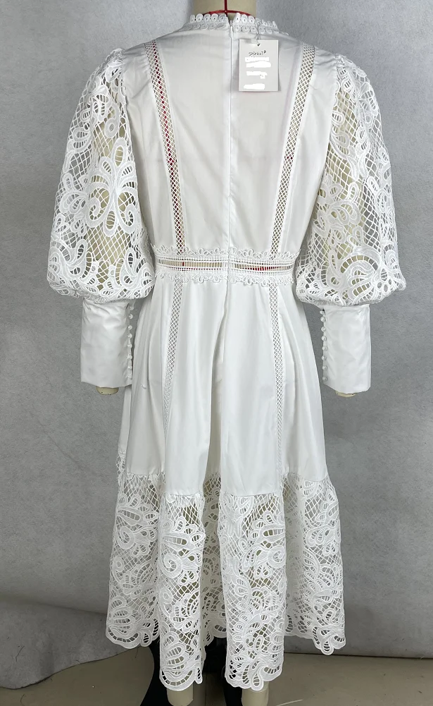 Women's Formal Lace Midi Dress - Puff Sleeves, Crew Neck, Great For Elegant Gatherings