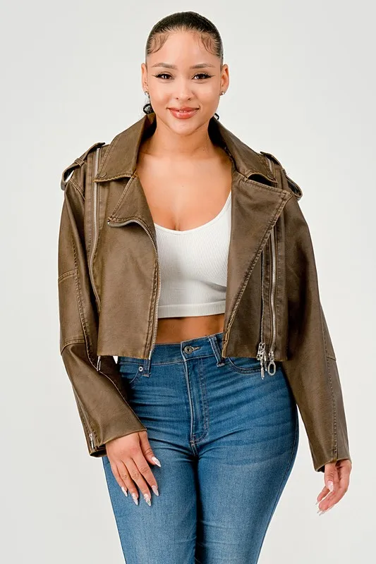 Lady's Fashion Pu Leather Jacket Coat