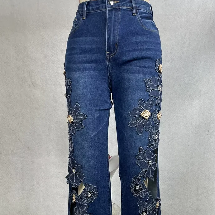 Women's High-waisted Flare Jeans With Floral Appliques And Rhinestone Accents Skinny Fit Denim For Summer Party Gatherings