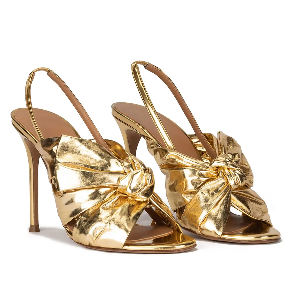 Factory New Fashion Sexy Bow Summer Sandals Gold Big Size Women Shoes High Heel Slingback Pumps