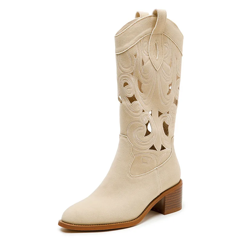 Ladies Wood Low Heels Suede Hollowed Out Sandals Boots Embroidered Ankle Women Mid-calf Western Cowboy Boots