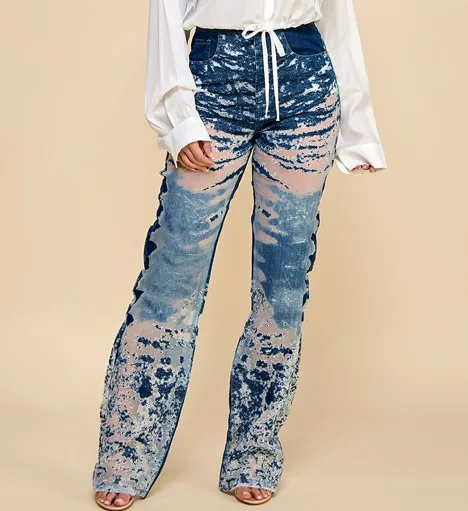 Women's Loose Denim Trousers Burned Flower Embellishment Y2k Style Casual Straight Festival Fashion For Music Parties Waist Logo