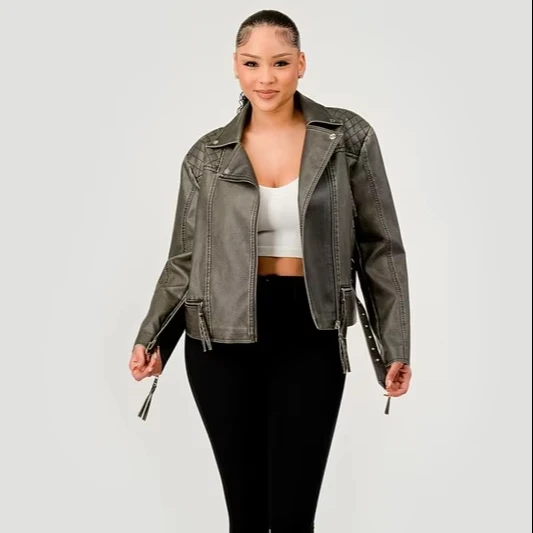 Women's Quilted Pu Moto Jacket With Asymmetrical Front Zip Closure Zip Pocket And Front Waist Belt For Autumn And Winter