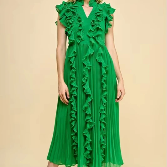 Women's Sweet Style Pleated Ruffle Dress With V-neck And Tiered Frills For Evening Galas Woven With Zipper Decoration
