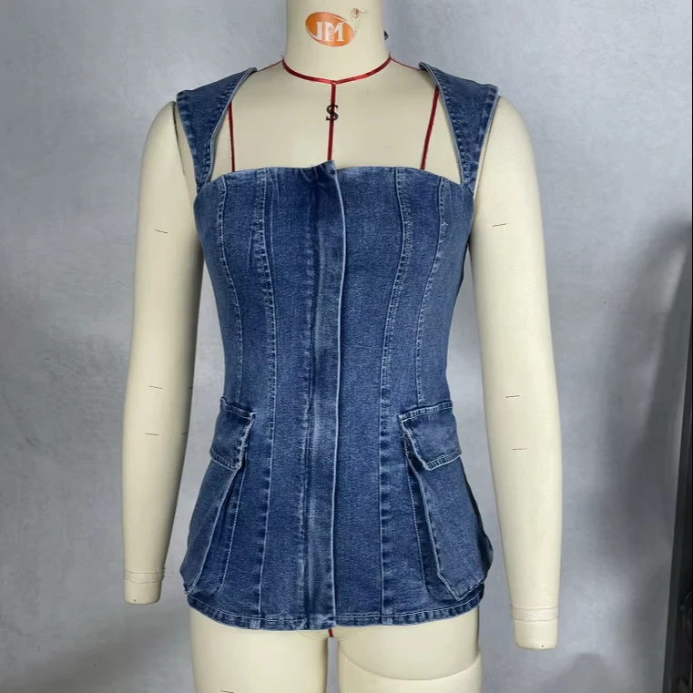 Women's Sleeveless Square Neck Backless Slim-fit Fashionable Denim Top