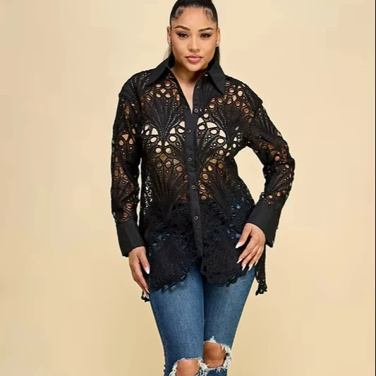 Women's Sexy Lace Long Sleeve Woven Shirt With Button Decor Cutout Details For Spring Music Festivals And Beach Vacations