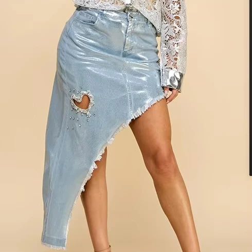 Women's Casual Style Burr Denim Skirt With Gold Silver Gilding Love Hollow Design For Street Fashion Activities Waist Logo