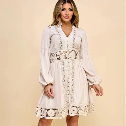Women's Popular Bohemian Style Dress Lantern Sleeve V-neck Lace Hollow Stitching Single-breasted Midi Dress