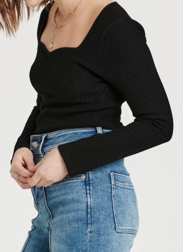 Women's Black Sweater Long-sleeved Top-rib Weave Heart-shaped Collar, Slim Fit, Suitable For Casual Going Out, Daily Wear