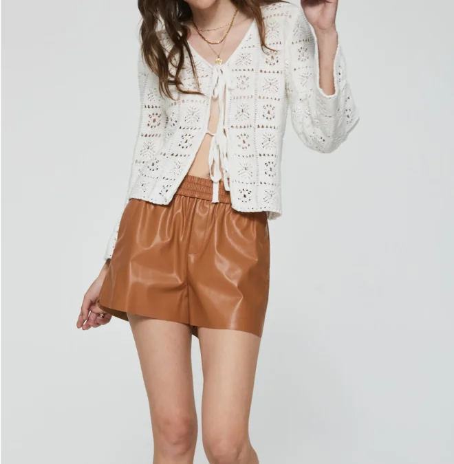 Women's White Crochet Knit Cardigan With Bell Sleeves - Front Tie And Openwork Design, Perfect For Daily Wear