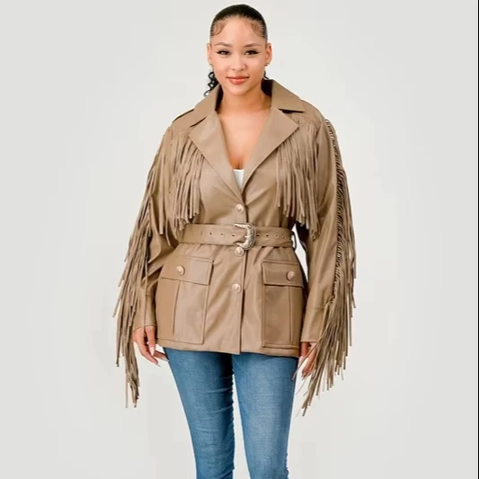 Ladies' Woven Pu Jacket Fringed Tassel Detail Solid Pattern Front Pockets Winter Autumn Season Button Front Closure Included