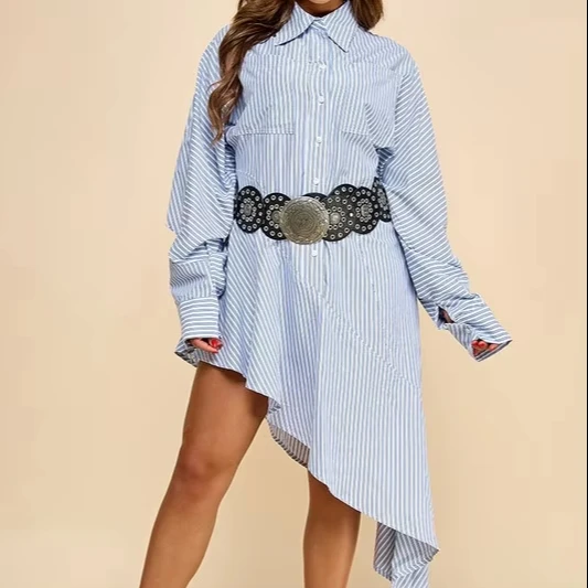 Women's Sweet Style American-style Striped Dress With Irregular Hem Woven Wide Belt & Button Decoration For Commuting