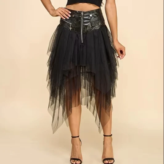 Women's Punk Style Stitching Mesh Skirt High Waist Leather Stitching Irregular Skirt Nightclub Party Hot Sale