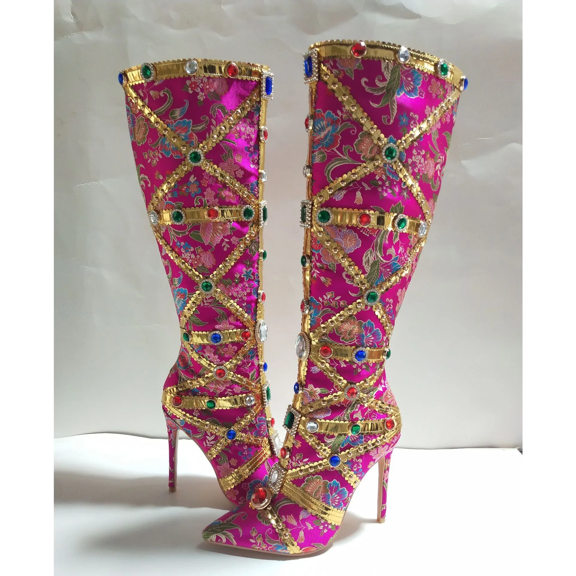 2023 Winter Color Diamond Women High Heel Wide Shaft Ladies Rhinestones Knee High Boots