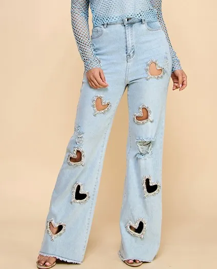 Women's Love-themed Cut-out Fashionable Jeans Vintage Style With Crystal Decoration Washed Cotton Colorful Wash Sweet Washable