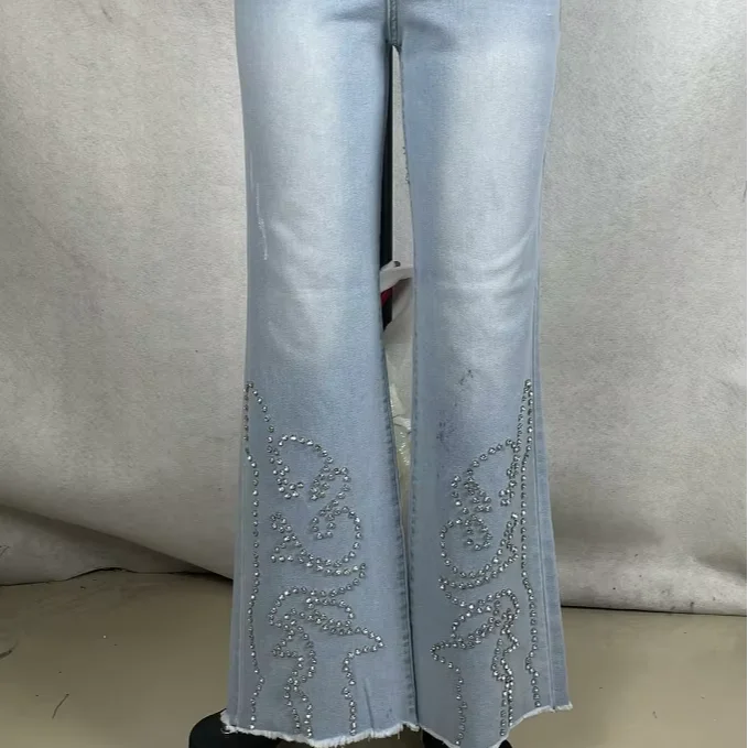 Women's High-waisted Flare Jeans With Rhinestone Accents Frayed Hem Skinny Fit Denim For Summer Party Gatherings Light Wash