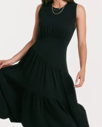 Women's Black Ultra - Comfortable Modal Tiered Midi Dress - Sleeveless, Asymmetrical High Waist, Ideal For Casual Outings