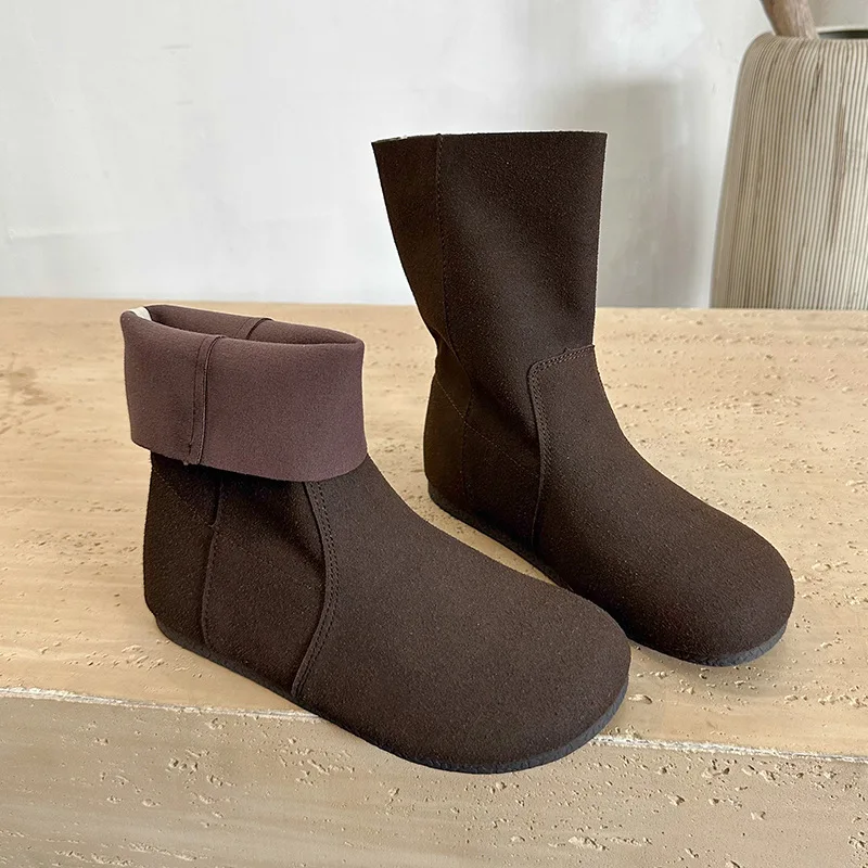 2024 Winter Cowhide Round Toe Boots Vintage Leather Loose Flat Heel Women Western Ankle Boots