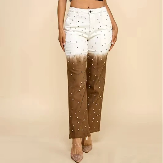 Women's Mid Waist Gradient Diamond Drill Jeans Casual European And American Street & Party Style With Flat Front