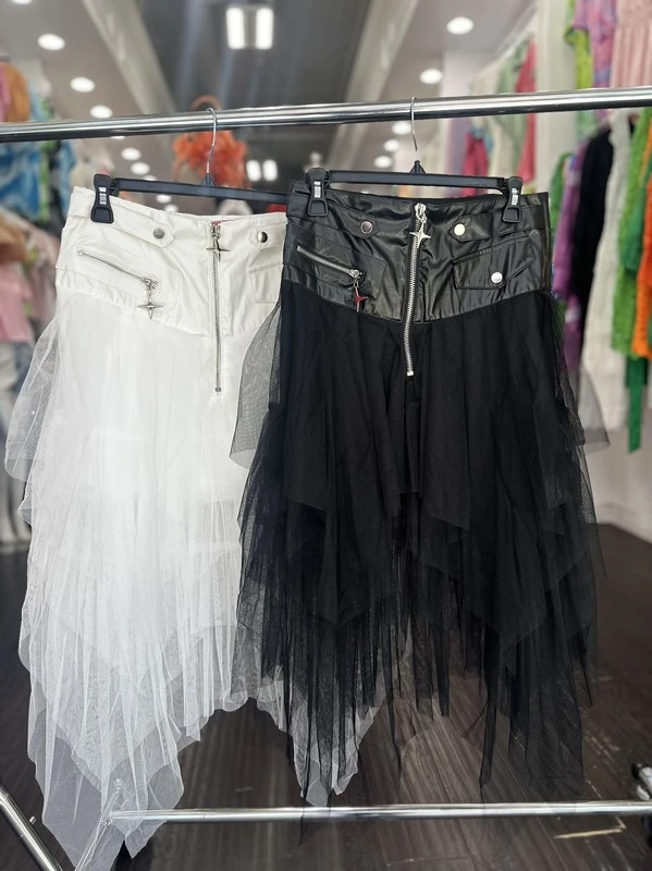 Women's Punk Style Stitching Mesh Skirt High Waist Leather Stitching Irregular Skirt Nightclub Party Hot Sale
