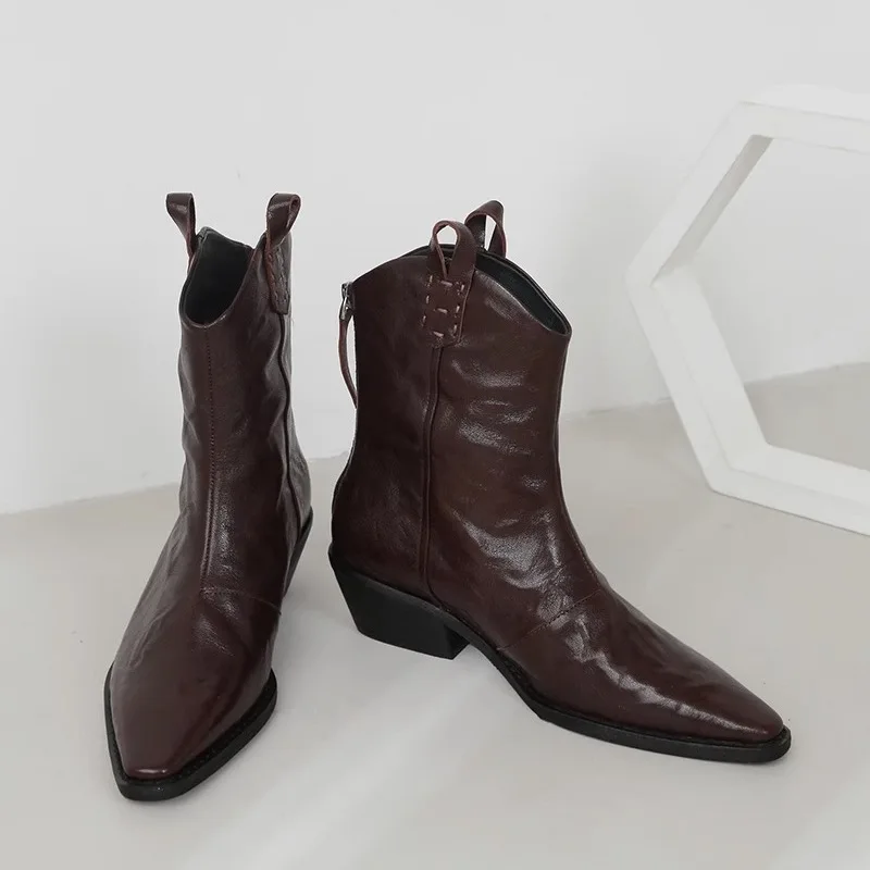 2024 New Style Leather Cowboy Western Boot Pointed Toe Thick Heel Chealsea Ankle Boots For Women