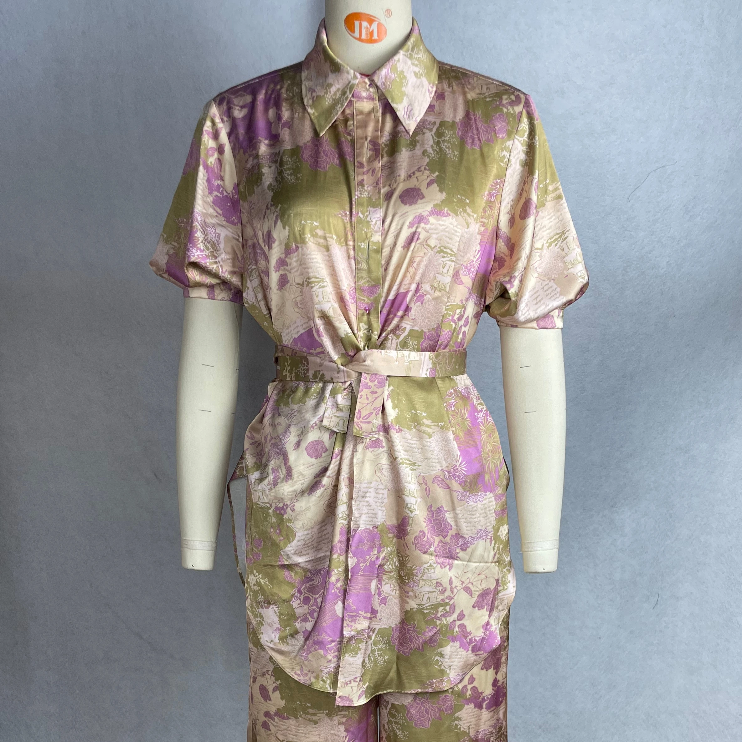 Ladies Sade Casual Loose 2-piece Long Suit With Button & Belt Digital Printing For Daily Wear Travel & Shopping