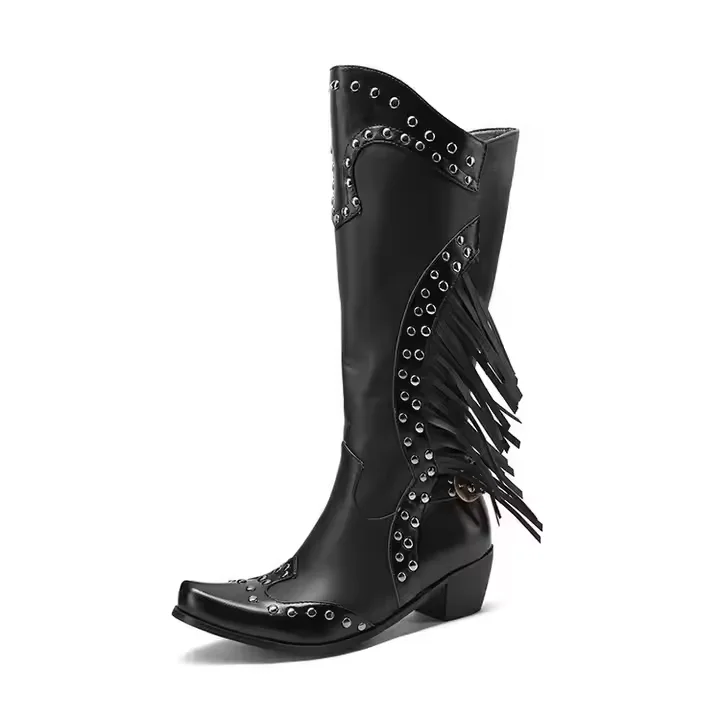 Size 35-45 Vintage Ladies Knee High Wide Calf Boots Western Style Women Fringes Cowboy Boots