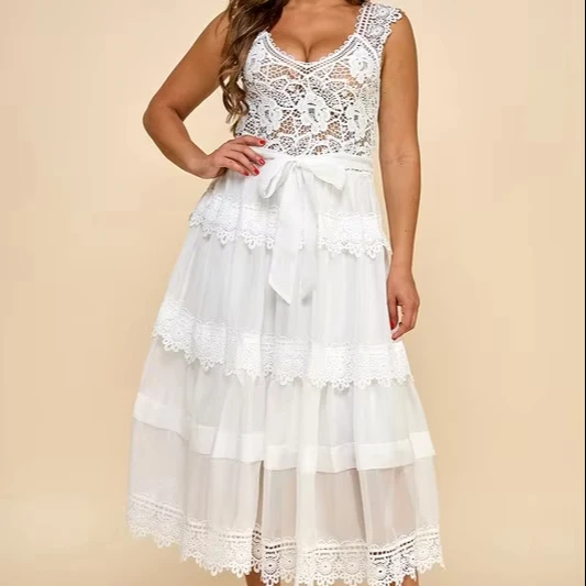 Women's Crochet Lace Maxi Dress With Solid Pattern Tiered Skirt And Tie Waist Boho Chic Style For Autumn Season