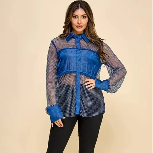 Ladies' Loose Long Summer Woven Outwear Rhinestone Splicing Faux Denim See-through Shirt