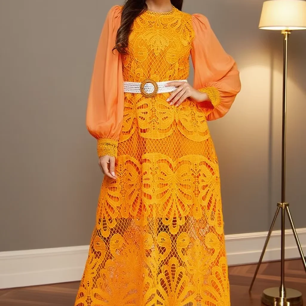 Women's Elegant Boho Long Dress With Woven Lace Crocheted Zipper Decoration Belted Waist And Long Sleeves For Spring Or Autumn