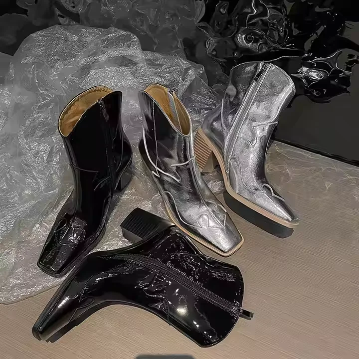 Genuine Leather Cowboy Short Boots Metallic Silver 7cm Block Heel Women Western Boot