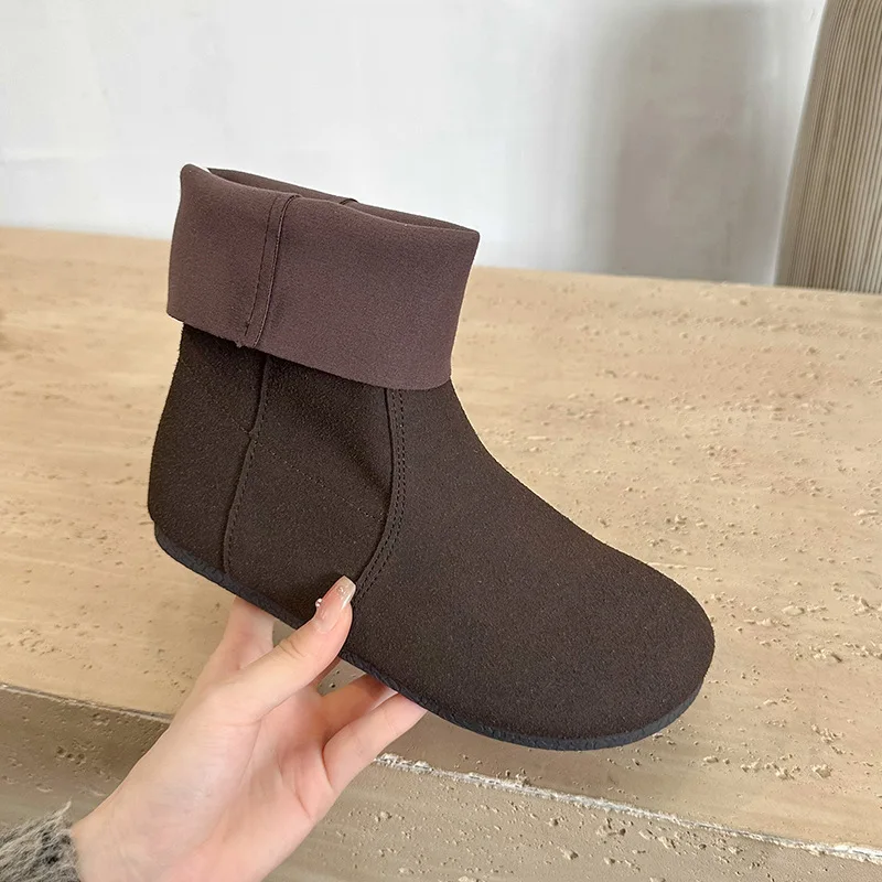 2024 Winter Cowhide Round Toe Boots Vintage Leather Loose Flat Heel Women Western Ankle Boots