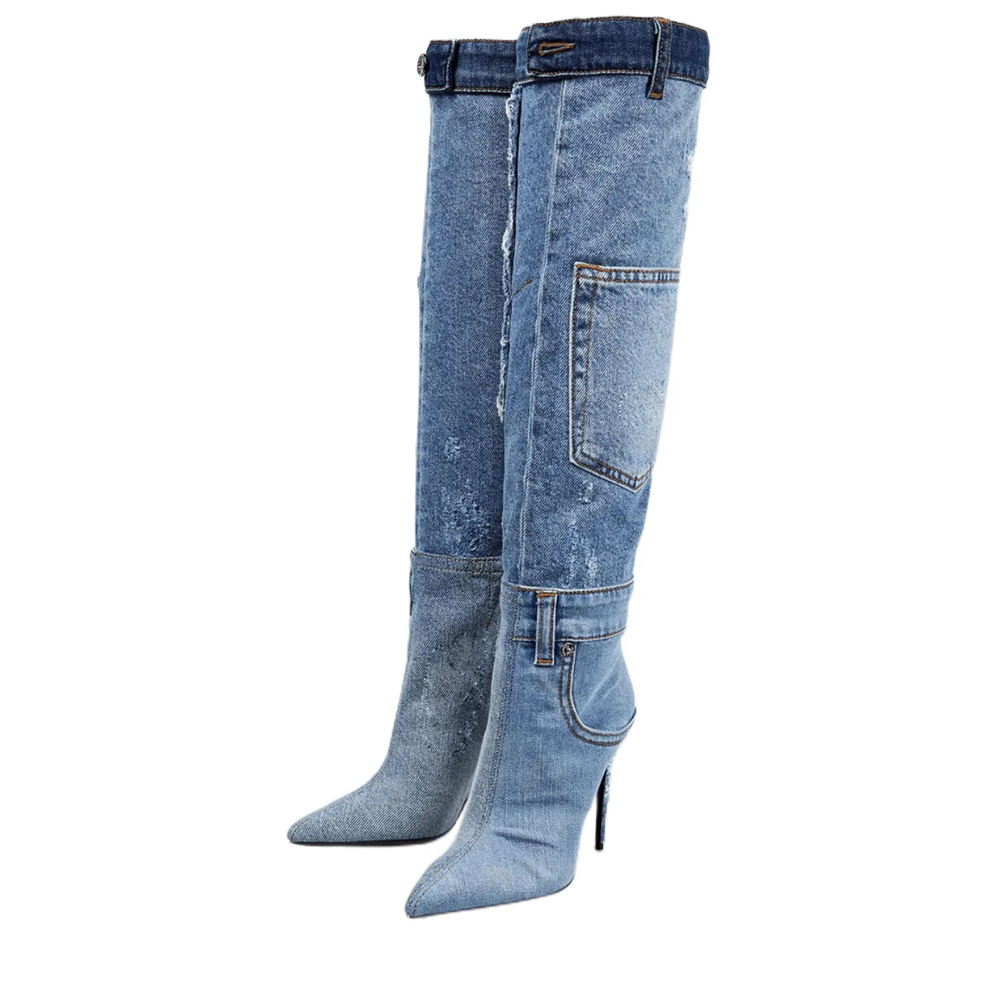 2023 Autumn Winter High Heeled Cowboy Boots Washed Pocket Sexy Party Denim Women Over The Knee High Boots