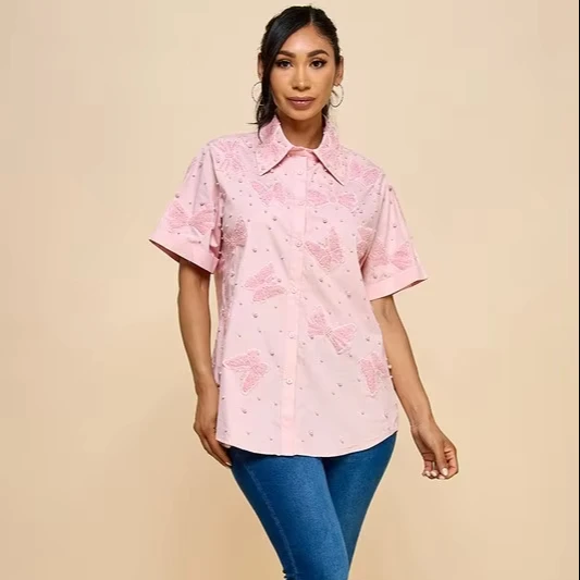 Oversized Cotton Blouse For Women Solid Pattern With Pearls Embroidery Bow Butterfly Details Button Down Closure Long Length