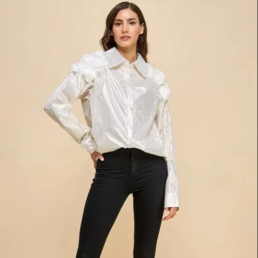 Ladies Striped Shirt With Floral Shoulder Decorations