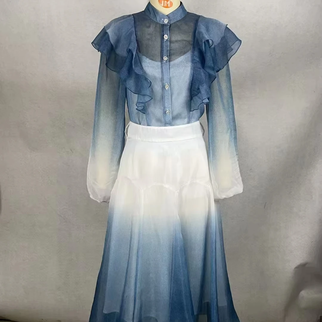 Ladies Gradient Sheer Lightweight Set Fashionable Short Top With Stand Collar Loose Fit