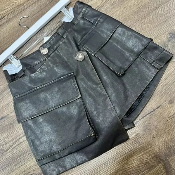 Lady's Fashion Pu Leather Short Skirt Office Lady Style Washed Embroidered Button Decoration Natural Wrap Pencil For Autumn