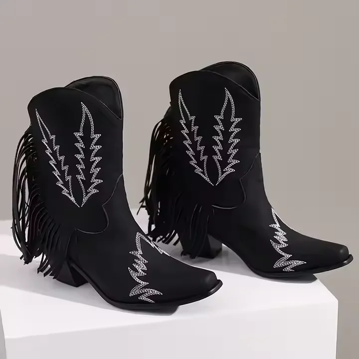 Big Size Western Ankle Boots Square Toe Pu Leather 6cm Heel Women Cowboy Boots With Fringe