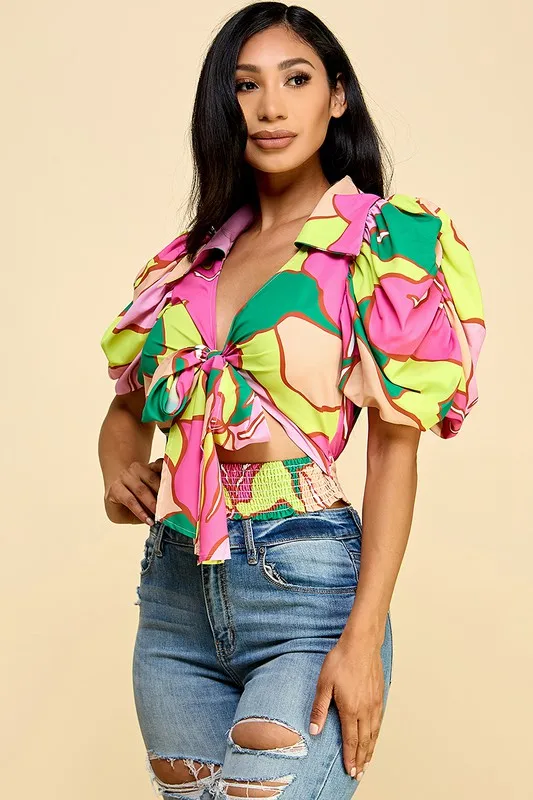 Women's Sexy Floral Summer Spring Short Sleeve Blouse-vibrant Color Puff Sleeves Tie-front For Casual Wear