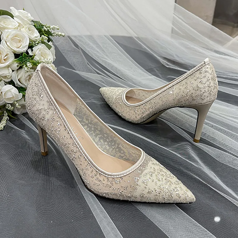 Crystal Sequins Women's Stiletto Heels White Beige Bridal Shoes Mesh Wedding Party Dress Banquet Dress Pumps