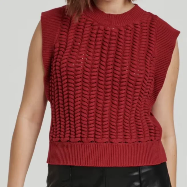 Women's Red Special Machine Twisted Flower Sweater Sleeveless Vest-woven Twisted Flower Strip Woven, Suitable For Daily Wear