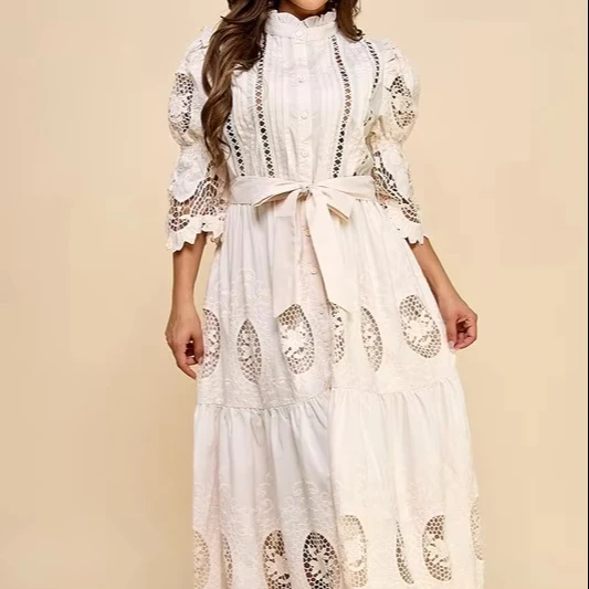 Women's Boho Eyelet Maxi Dress - Tie - Waist, Ideal For Garden Weddings & Folk Festivals