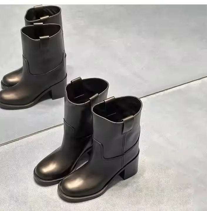 Winter Cowboy Wide Shaft Ladies Heel Boots Fashion Round Toe Full Leather Block Heel Women Mid Calf Western Boot