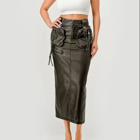 Women's Mid-length Skirt With Multi-pocket Drawstring Design Imitation Leather Tooling Streetwear Style Essential For Night Out