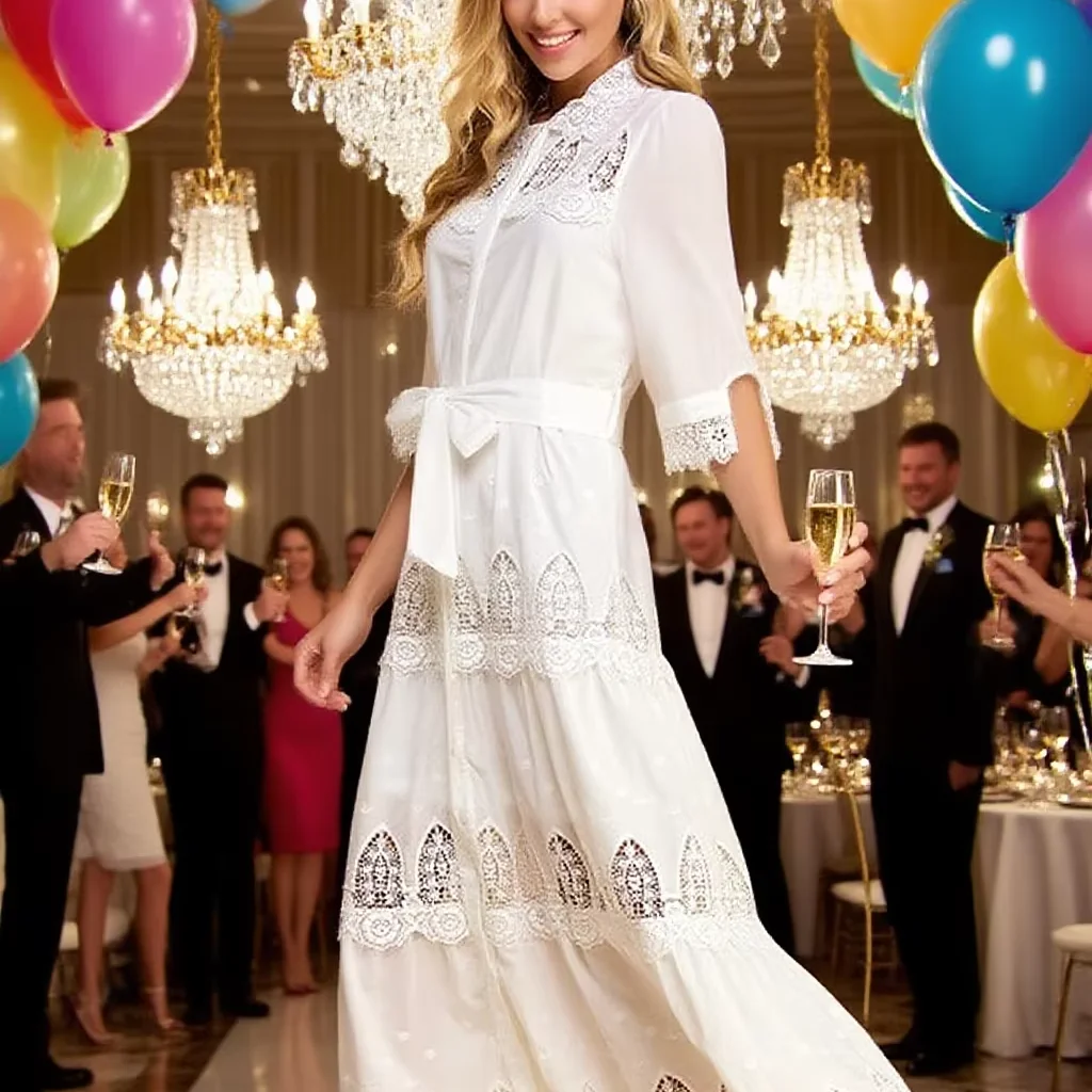 Lady's Elegant Long Maxi Dress Lace Stitching Embroidery Autumn Casual Stand Neckline Sweet Belt Button Zipper Buy Bulk Resale