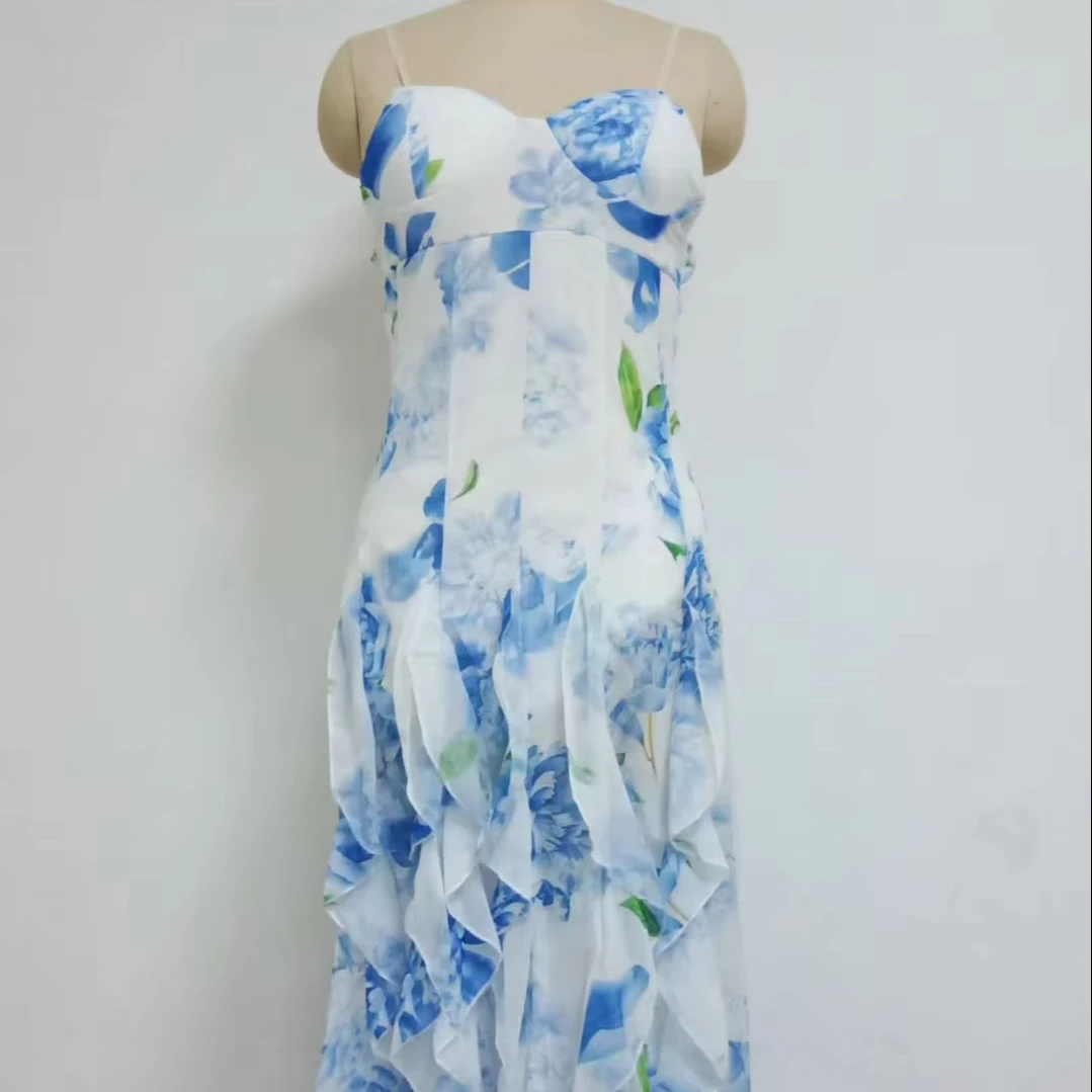 Women's Sweet Style Strapless Floral Maxi Dress Ruffled Design Digital Printing Woven Weaving Zipper For Garden Parties