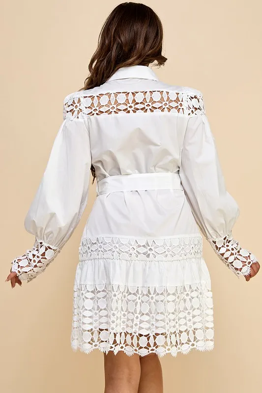 Ladies' Casual Floral Embroidery Short Dress With Lace Trim Natural Waist Woven Weaving Method Button Decoration