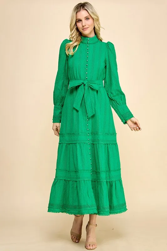 Elegant Vintage 100% Cotton Embroidered Long Dress Natural Waistline Woven Weave Lace Decoration