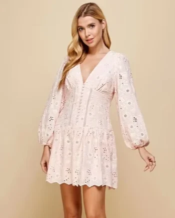 Women's Sweet Woven Romantic Pink Eyelet Mini Dress-long Sleeves V-neck Button Detail High Waist Great For Light Gatherings